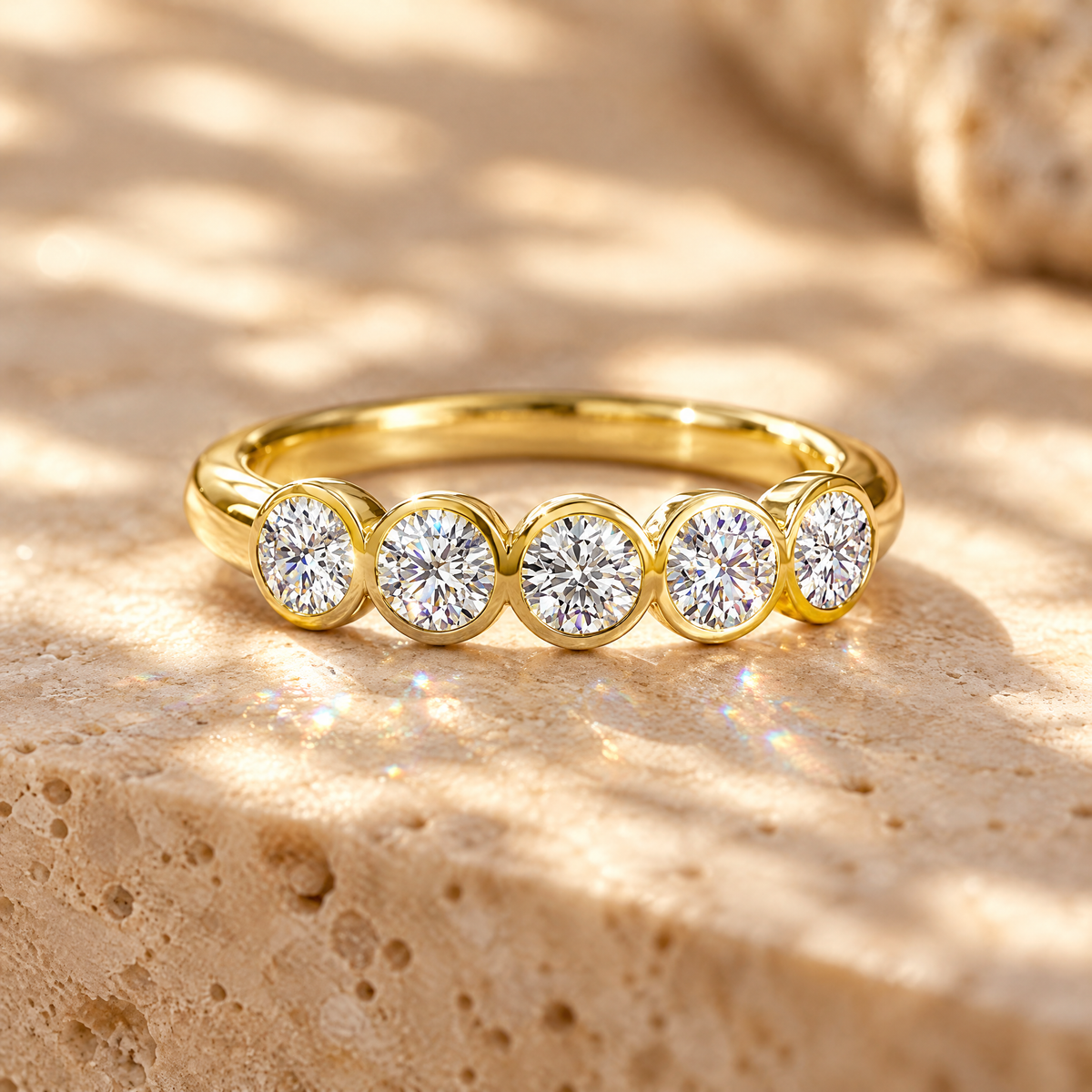 Quintette Five-Stone Bezel Moissanite Band, 14K Gold Filled, close-up detail