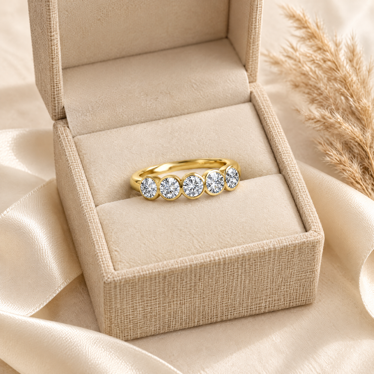 Quintette Five-Stone Bezel Moissanite Band, 14K Gold Filled, presented in a box