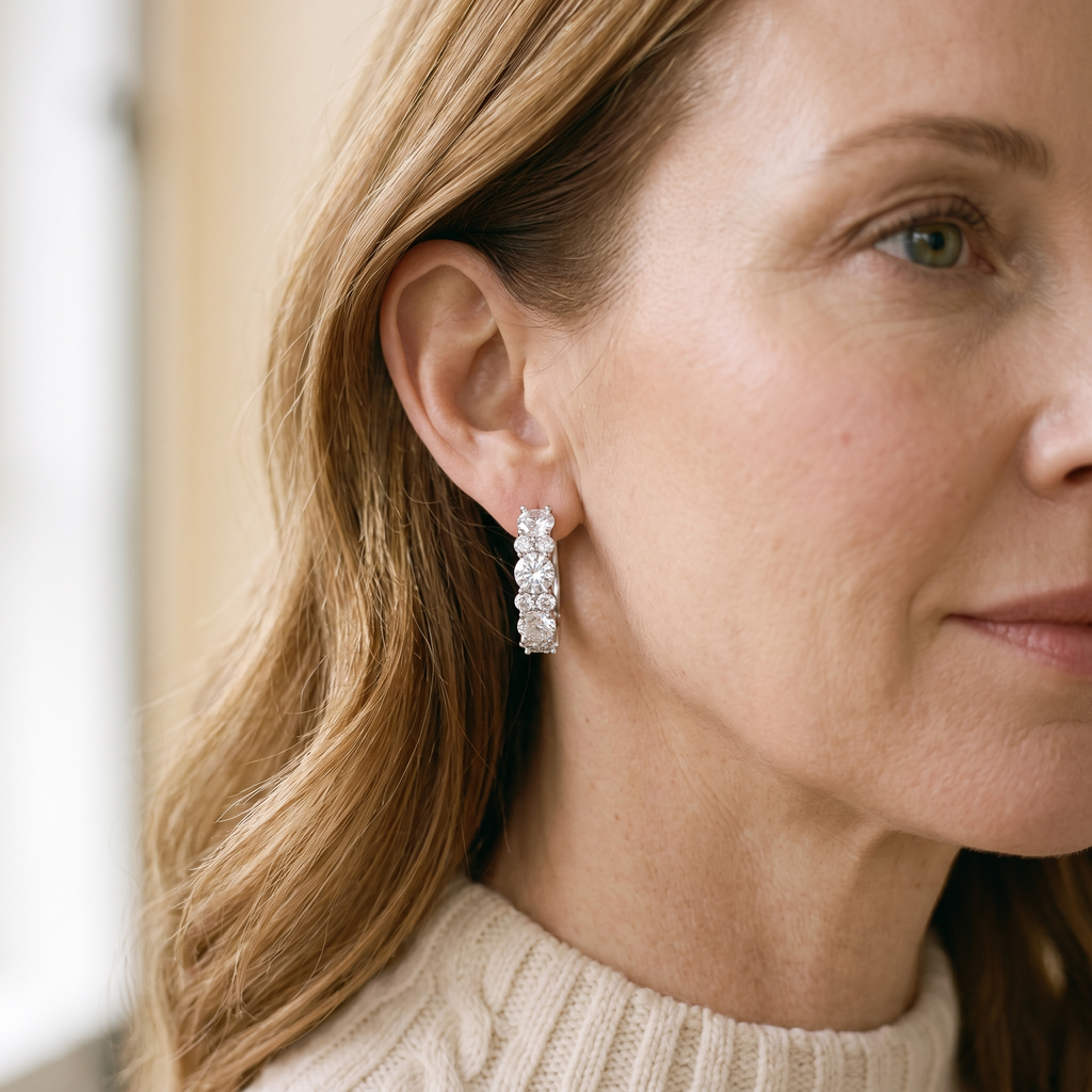 Rythme Moissanite Alternating Hoops, worn by a woman