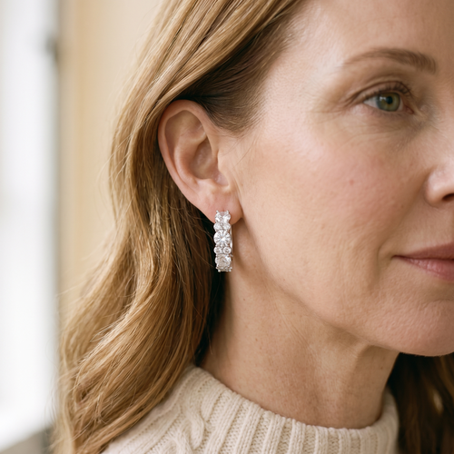 Rythme Moissanite Alternating Hoops, worn by a woman