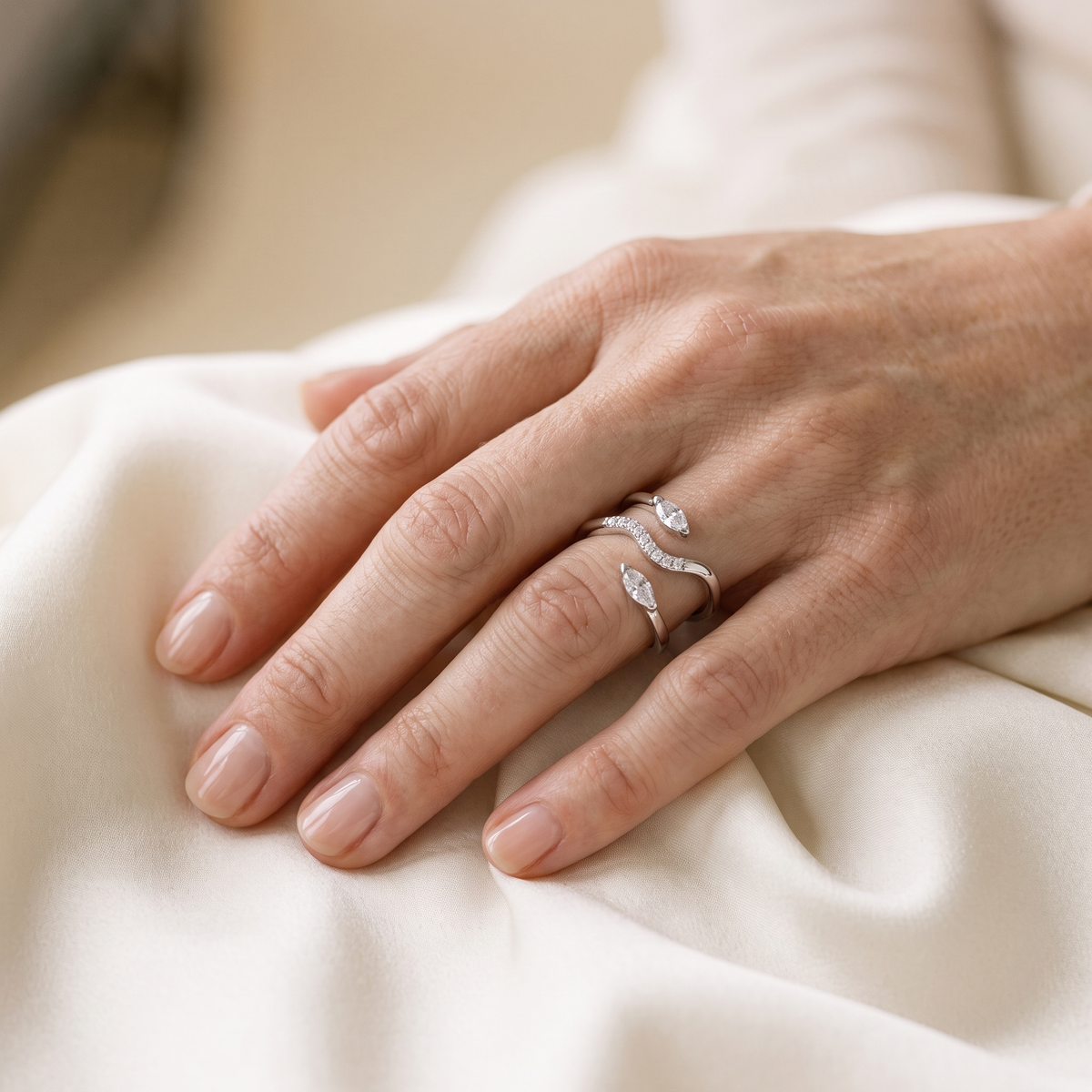 Salomé Moissanite Double Snake Ring, worn by a woman