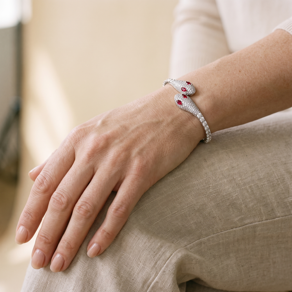 Salomé Moissanite Twin Snake Bracelet, worn by a woman