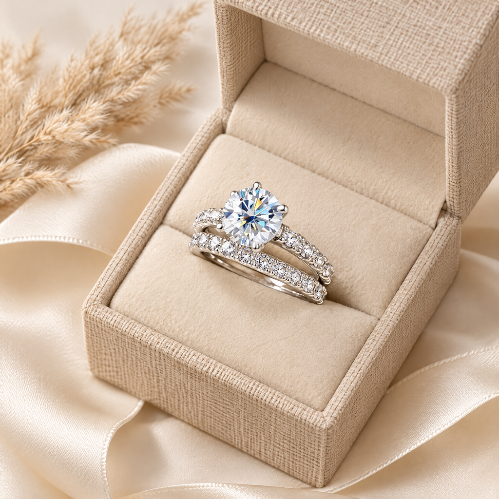Serment Moissanite Bridal Ring Set, presented in a box