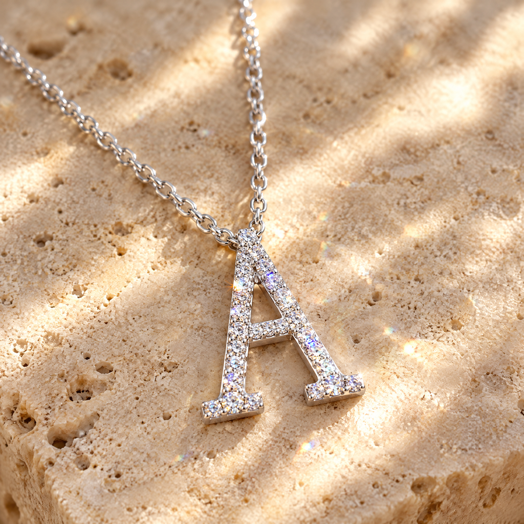 Signature Moissanite Pavé Initial Necklace, close-up detail