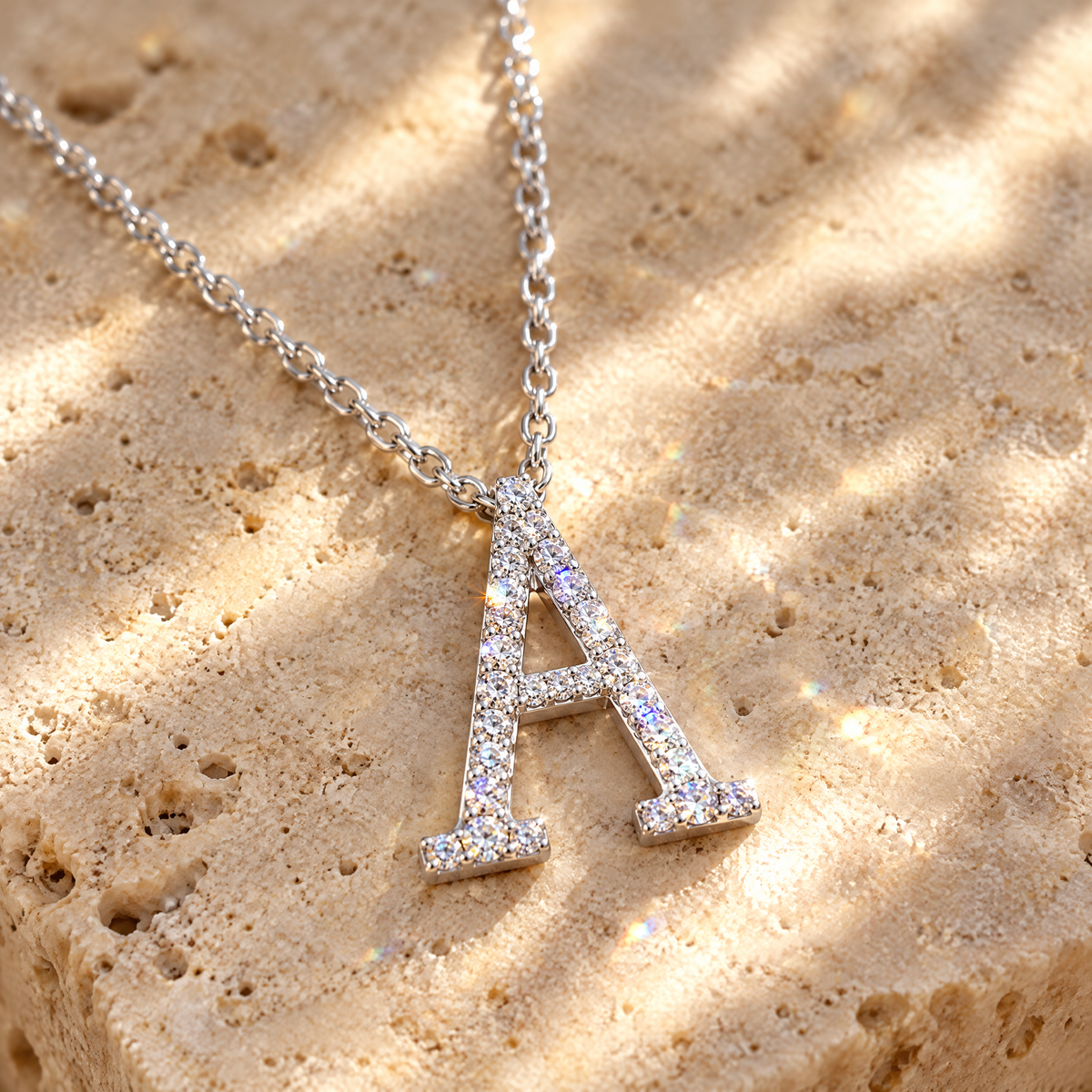 Signature Moissanite Pavé Initial Necklace, close-up detail