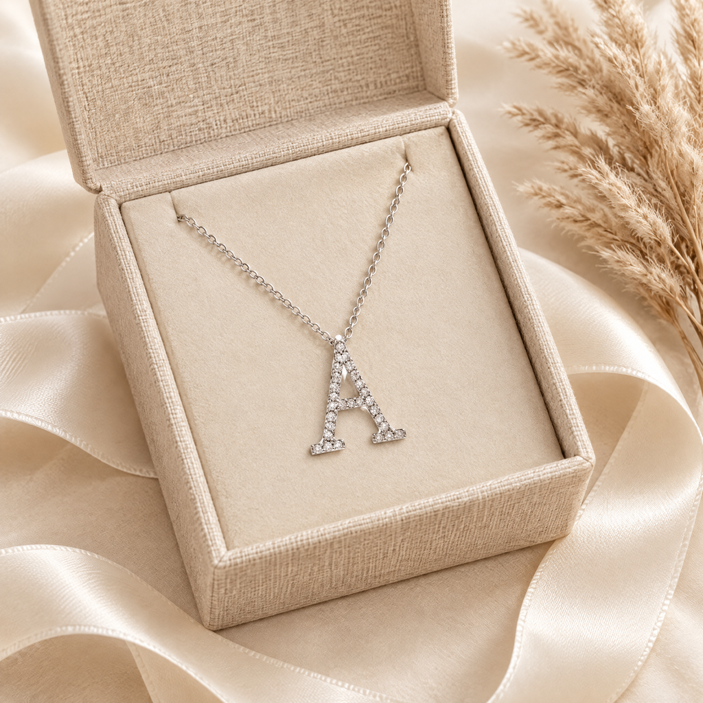Signature Moissanite Pavé Initial Necklace, presented in a box