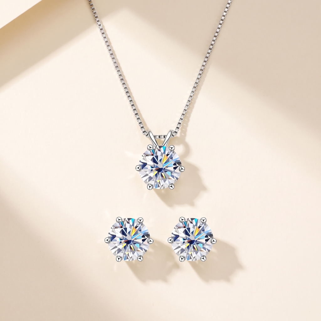 Sirius Moissanite Necklace & Studs Set in White Gold