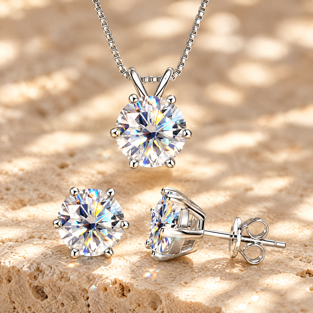 Sirius Moissanite Necklace & Studs Set, close-up detail