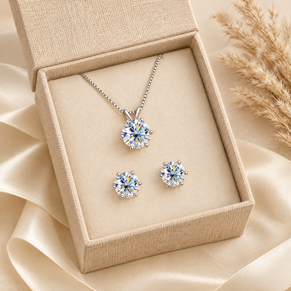 Sirius Moissanite Necklace & Studs Set, presented in a box
