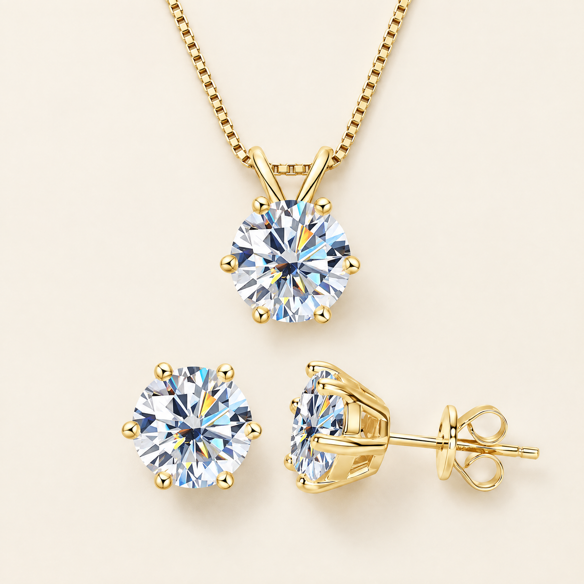 Sirius Moissanite Necklace & Studs Set in Yellow Gold