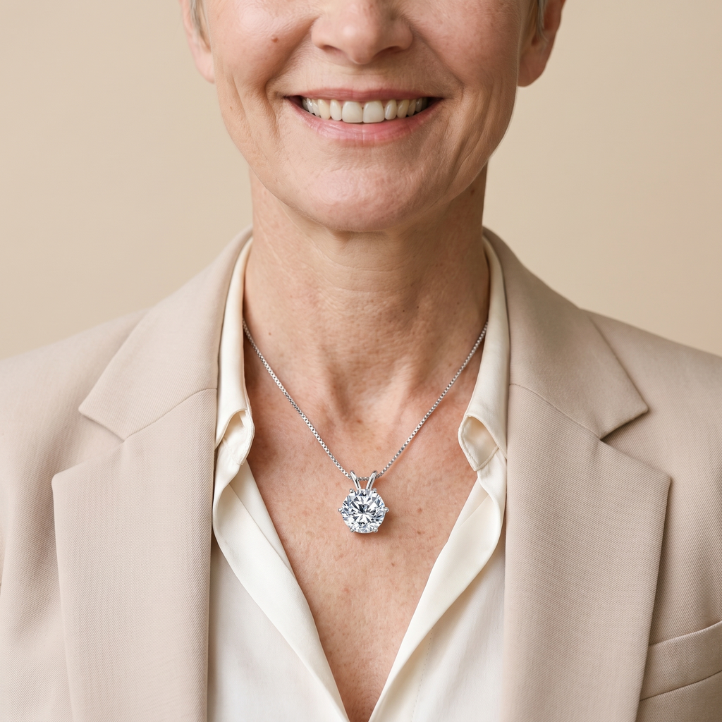 Sirius Moissanite Solitaire Necklace, worn by a woman