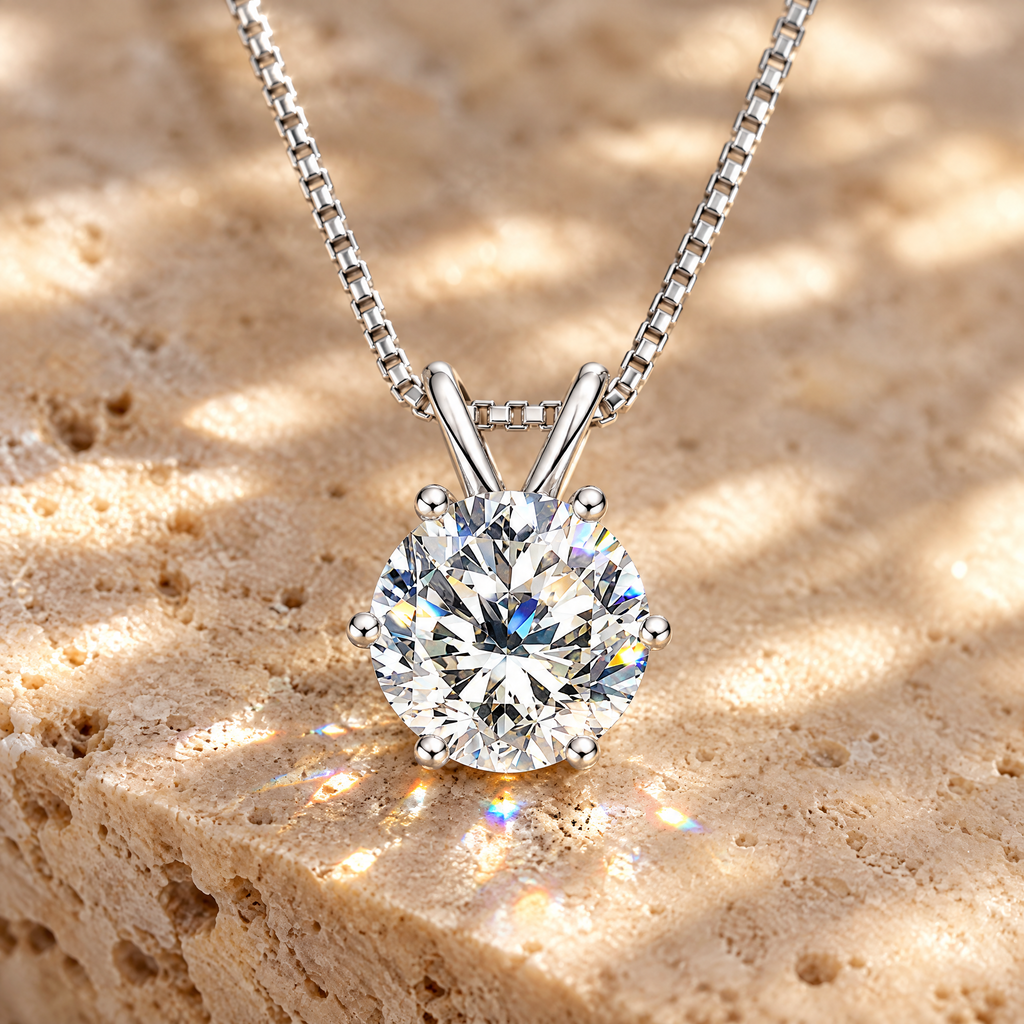 Sirius Moissanite Solitaire Necklace, close-up detail
