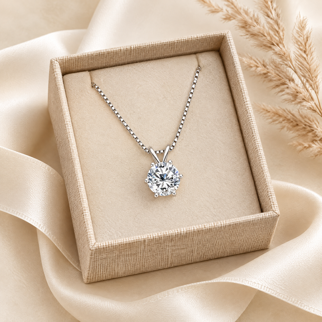 Sirius Moissanite Solitaire Necklace, presented in a box