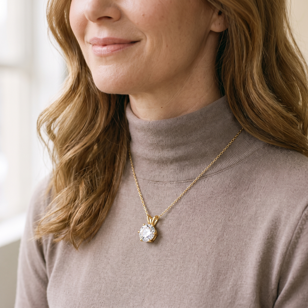 Sirius Moissanite Solitaire Necklace, 14K Gold Filled, worn by a woman