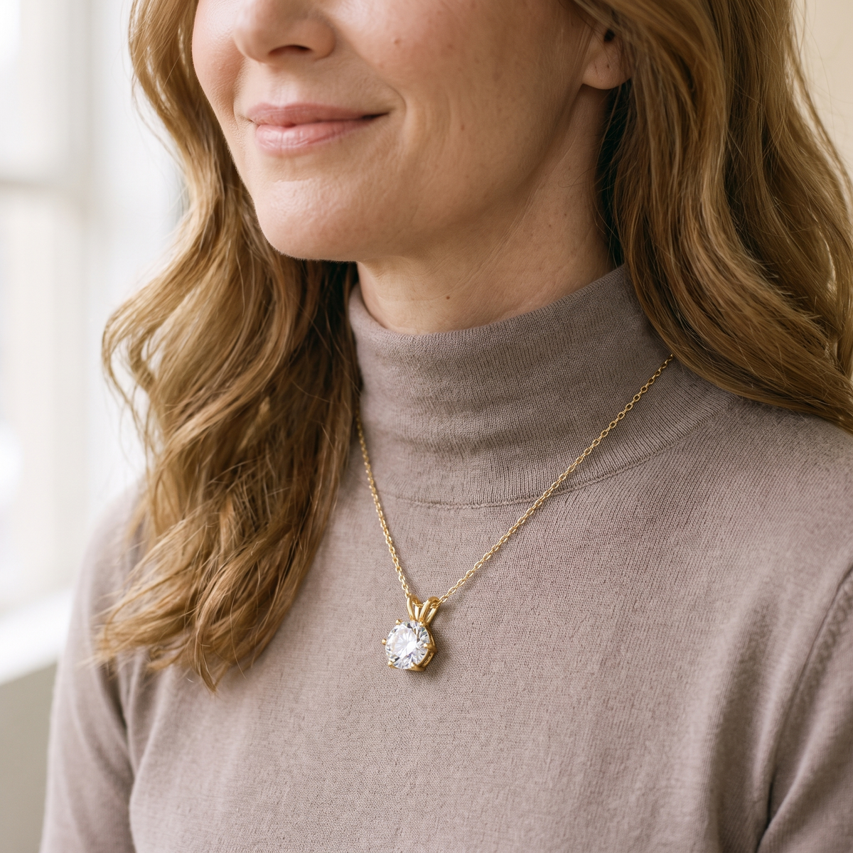 Sirius Moissanite Solitaire Necklace, 14K Gold Filled, worn by a woman