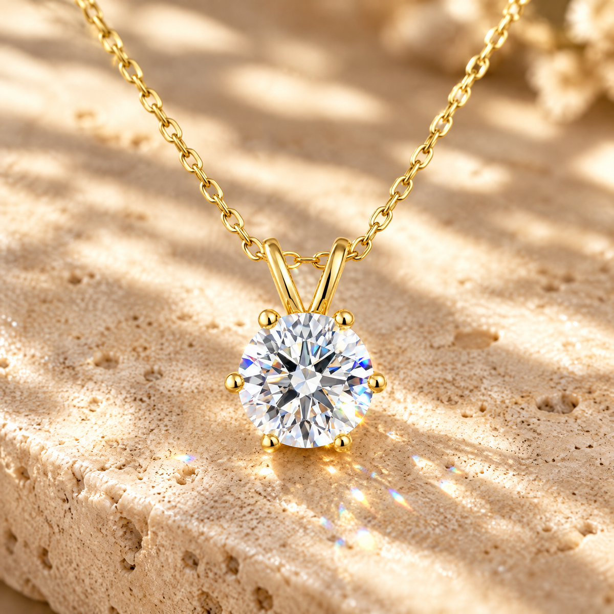 Sirius Moissanite Solitaire Necklace, 14K Gold Filled, close-up detail