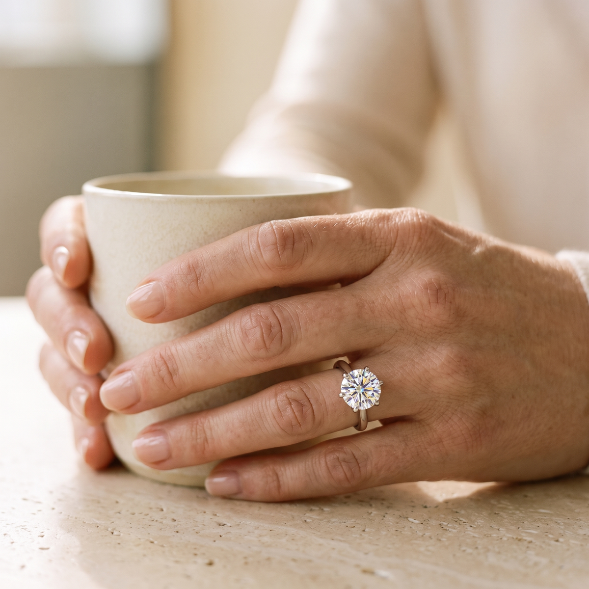 Sirius Moissanite Solitaire Ring, worn by a woman