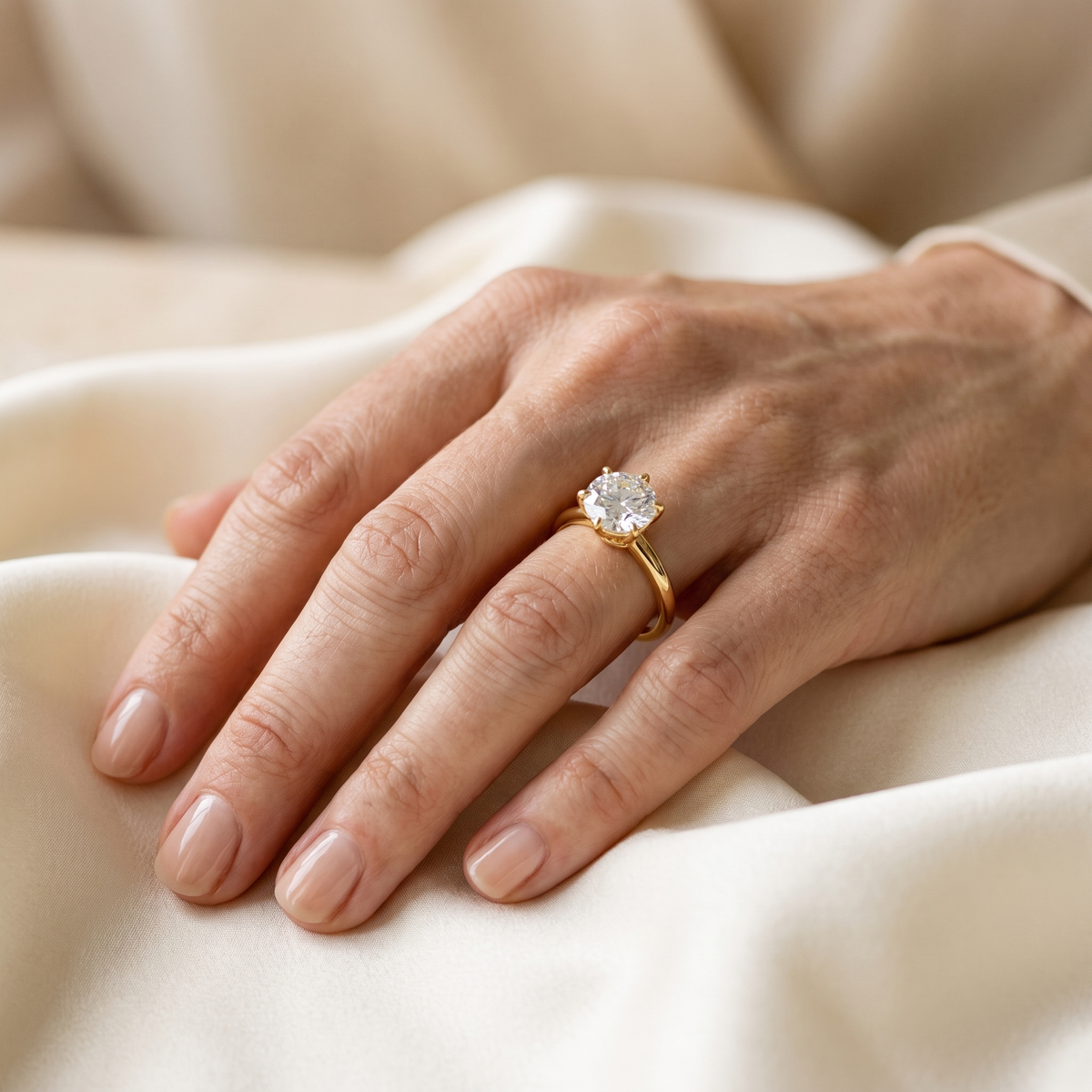 Sirius Moissanite Solitaire Ring, 14K Gold Filled, worn by a woman