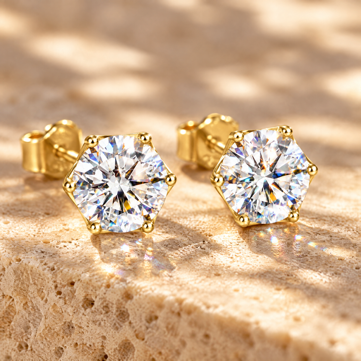 Sirius Moissanite Solitaire Studs, 14K Gold Filled, close-up detail