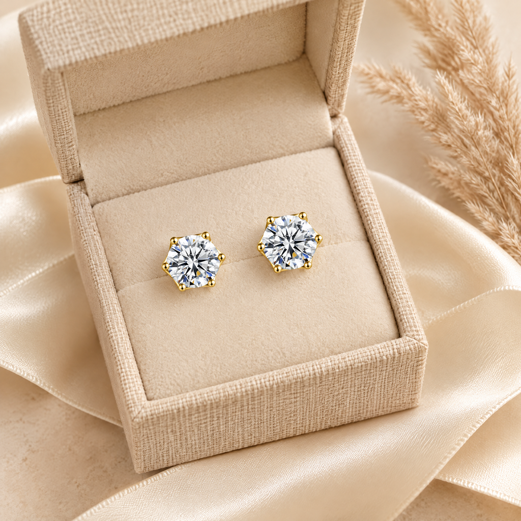 Sirius Moissanite Solitaire Studs, 14K Gold Filled, presented in a box