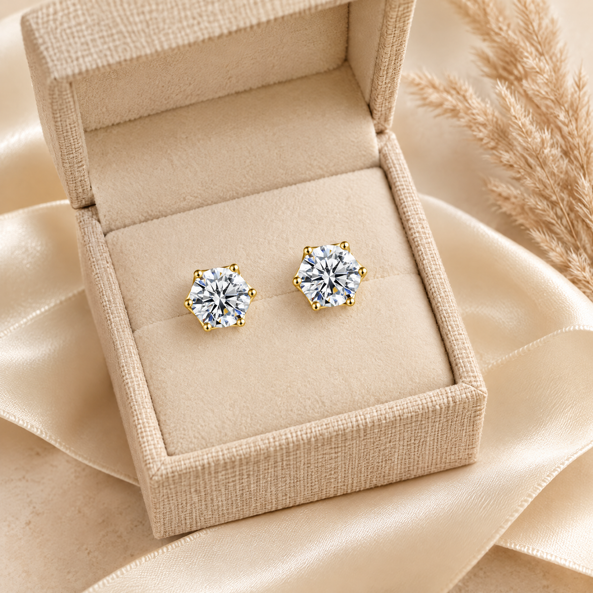 Sirius Moissanite Solitaire Studs, 14K Gold Filled, presented in a box
