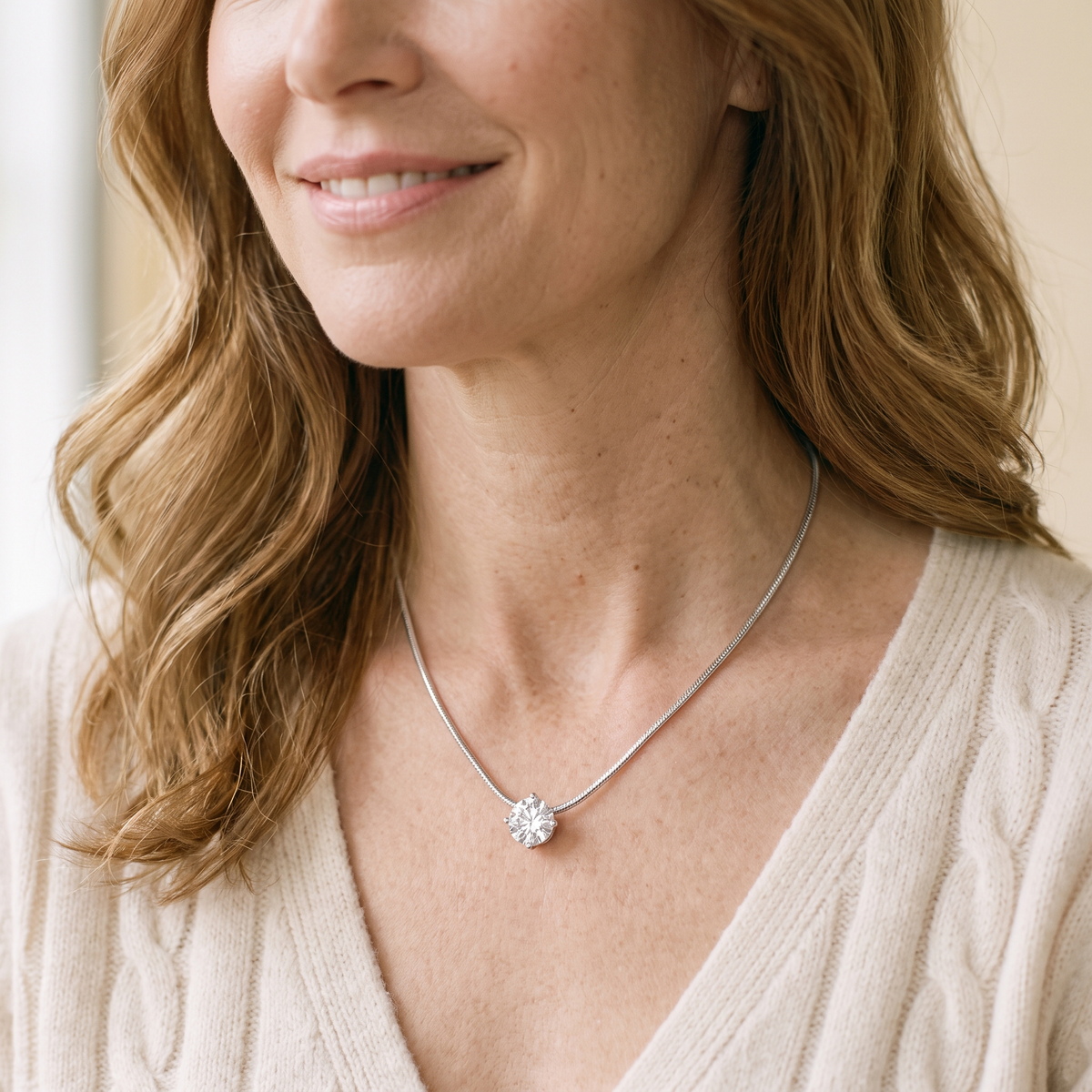 Soie Moissanite Solitaire Chain Necklace, worn by a woman