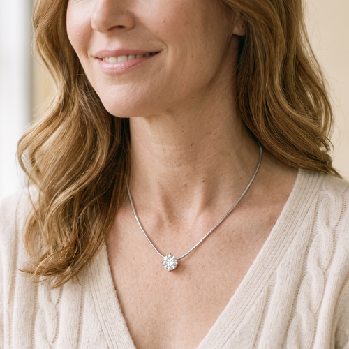 Soie Moissanite Solitaire Chain Necklace, worn by a woman