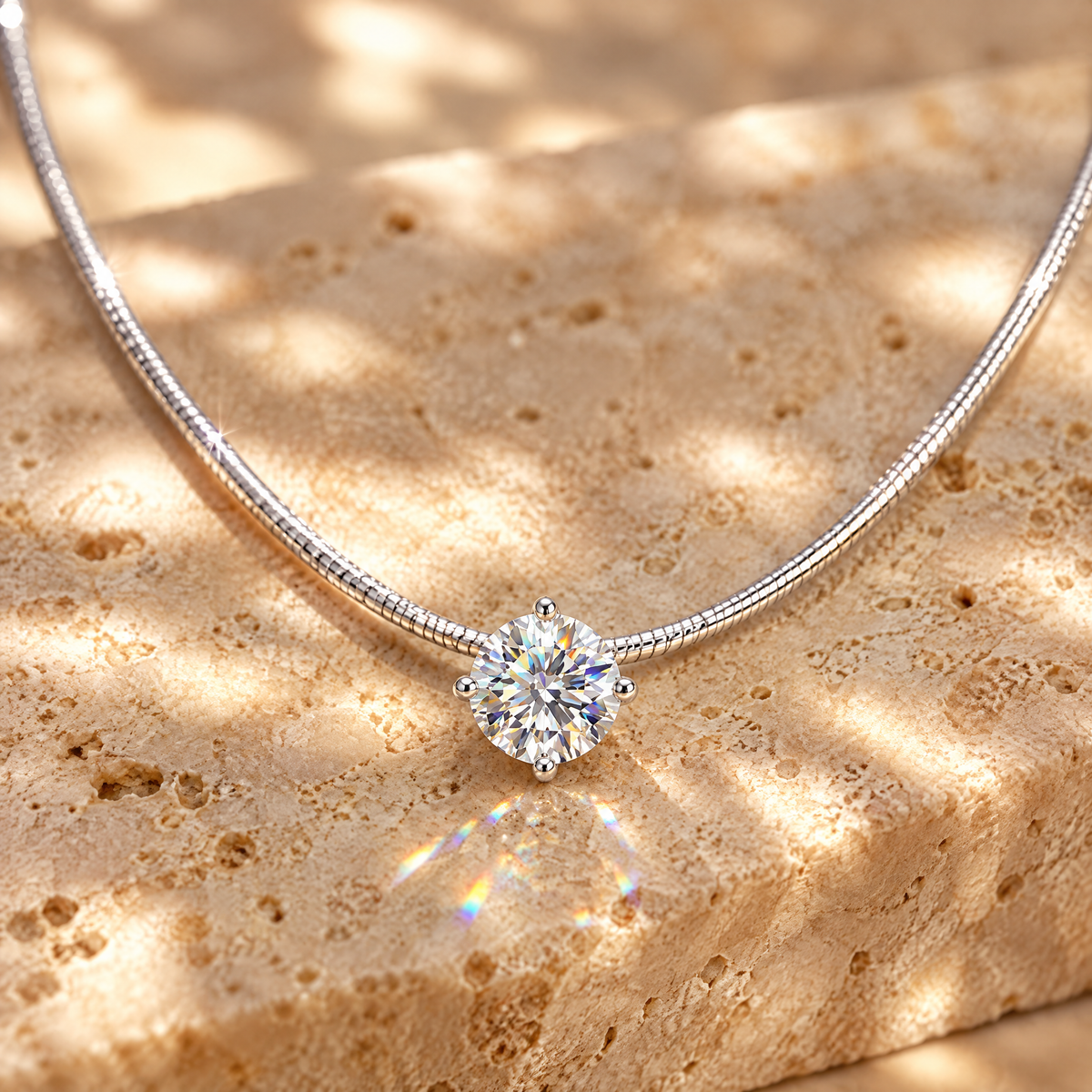Soie Moissanite Solitaire Chain Necklace, close-up detail