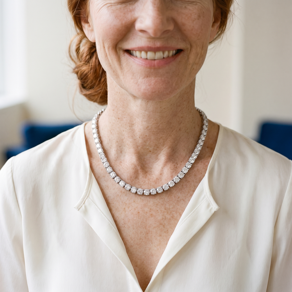 Solène Moissanite Tennis Necklace, worn by a woman