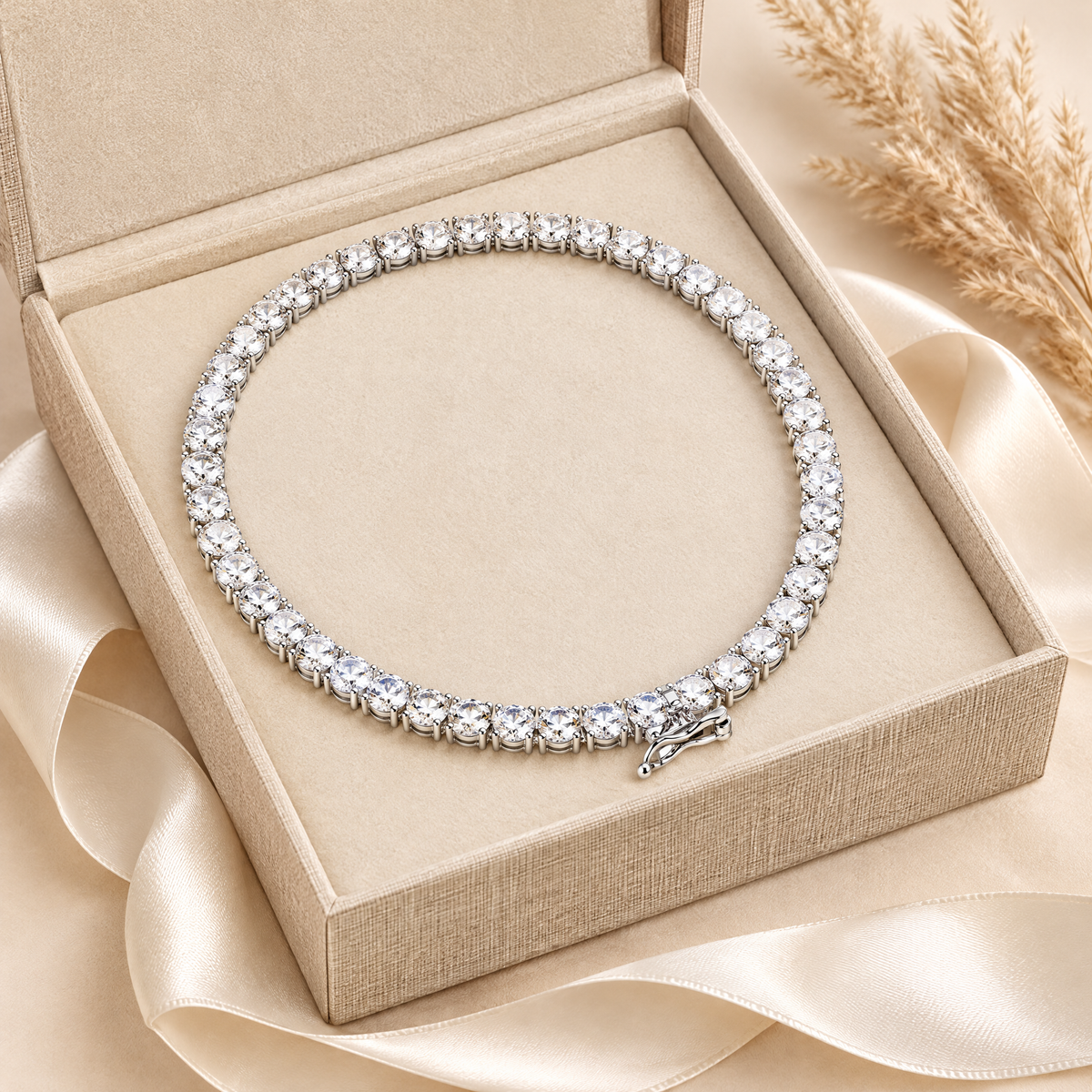 Solène Moissanite Tennis Necklace, presented in a box