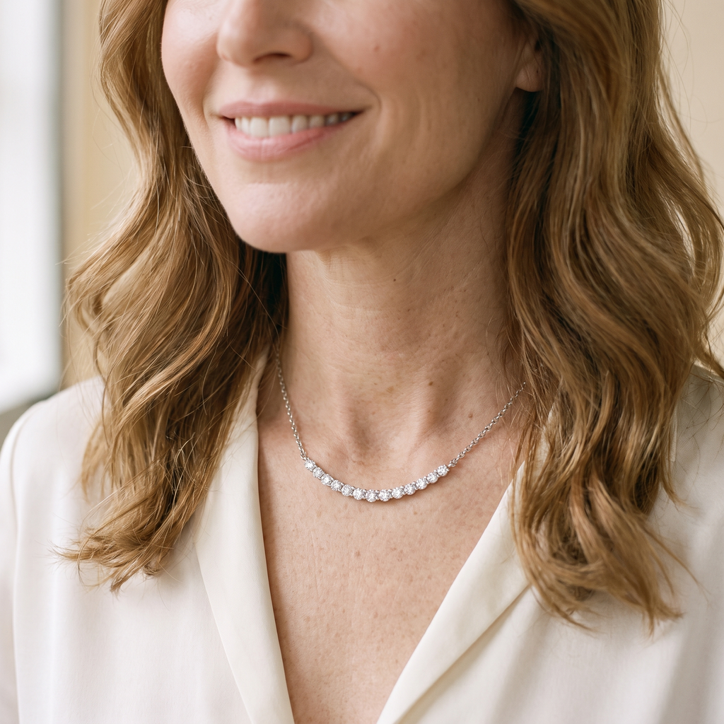 Sourire Moissanite Curved Bar Necklace, worn by a woman