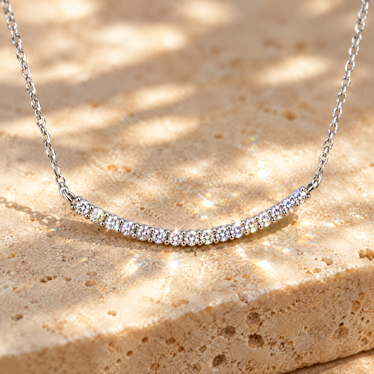 Sourire Moissanite Curved Bar Necklace, close-up detail