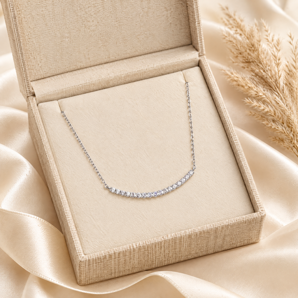 Sourire Moissanite Curved Bar Necklace, presented in a box