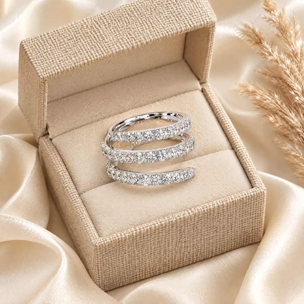 Spirale Moissanite Triple Wrap Ring, presented in a box