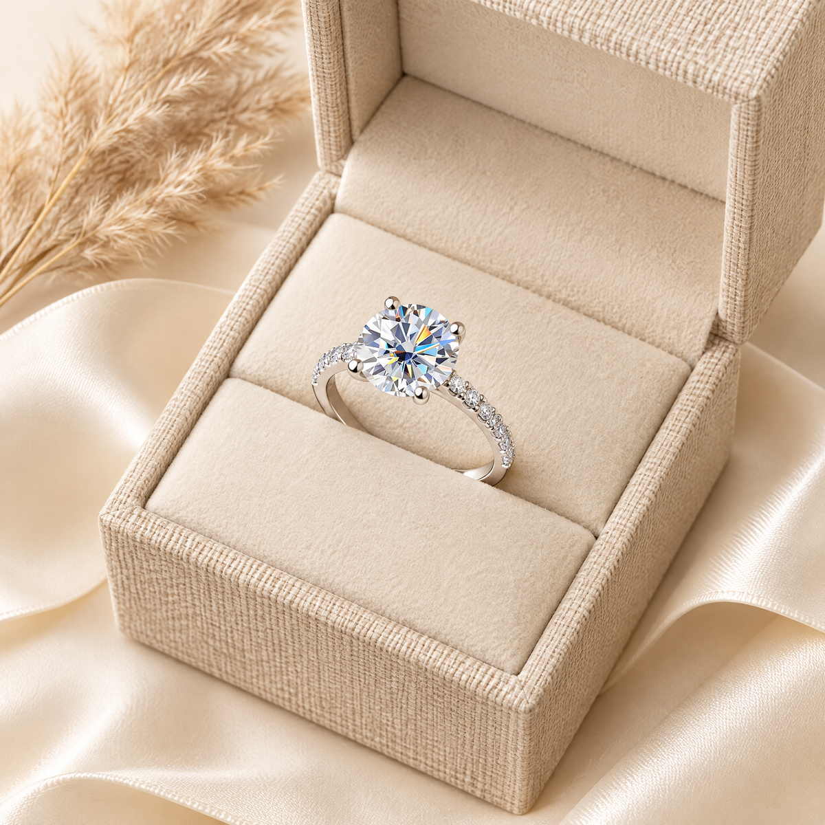 Stella Pavé Moissanite Solitaire Ring, presented in a box