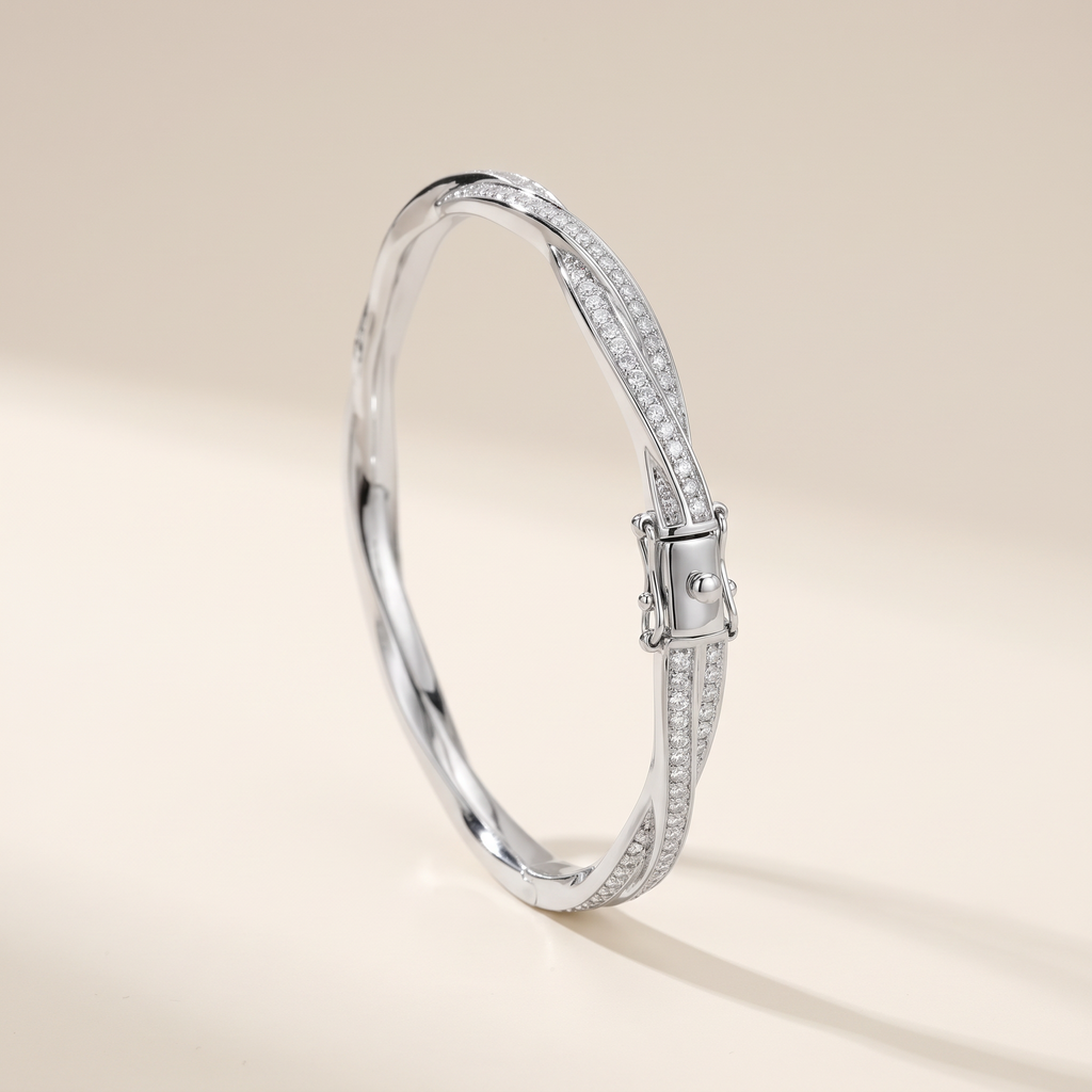 Torsade Moissanite Twist Bangle in White Gold