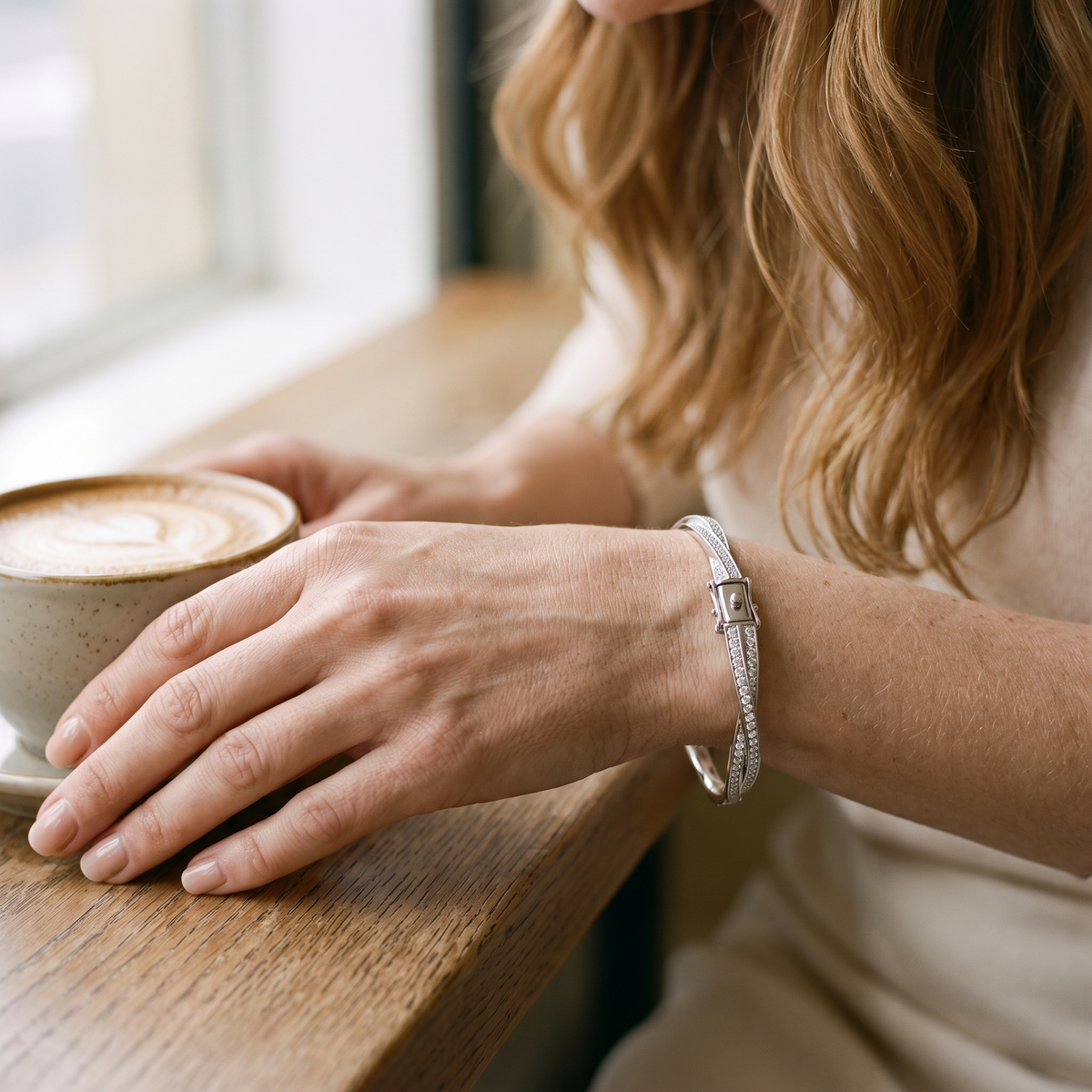 Torsade Moissanite Twist Bangle, worn by a woman