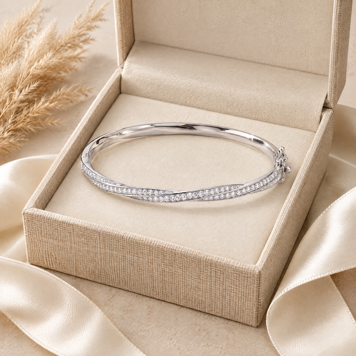 Torsade Moissanite Twist Bangle, presented in a box