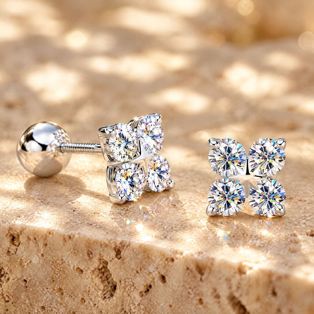 Trèfle Moissanite Four-Leaf Clover Studs, close-up detail