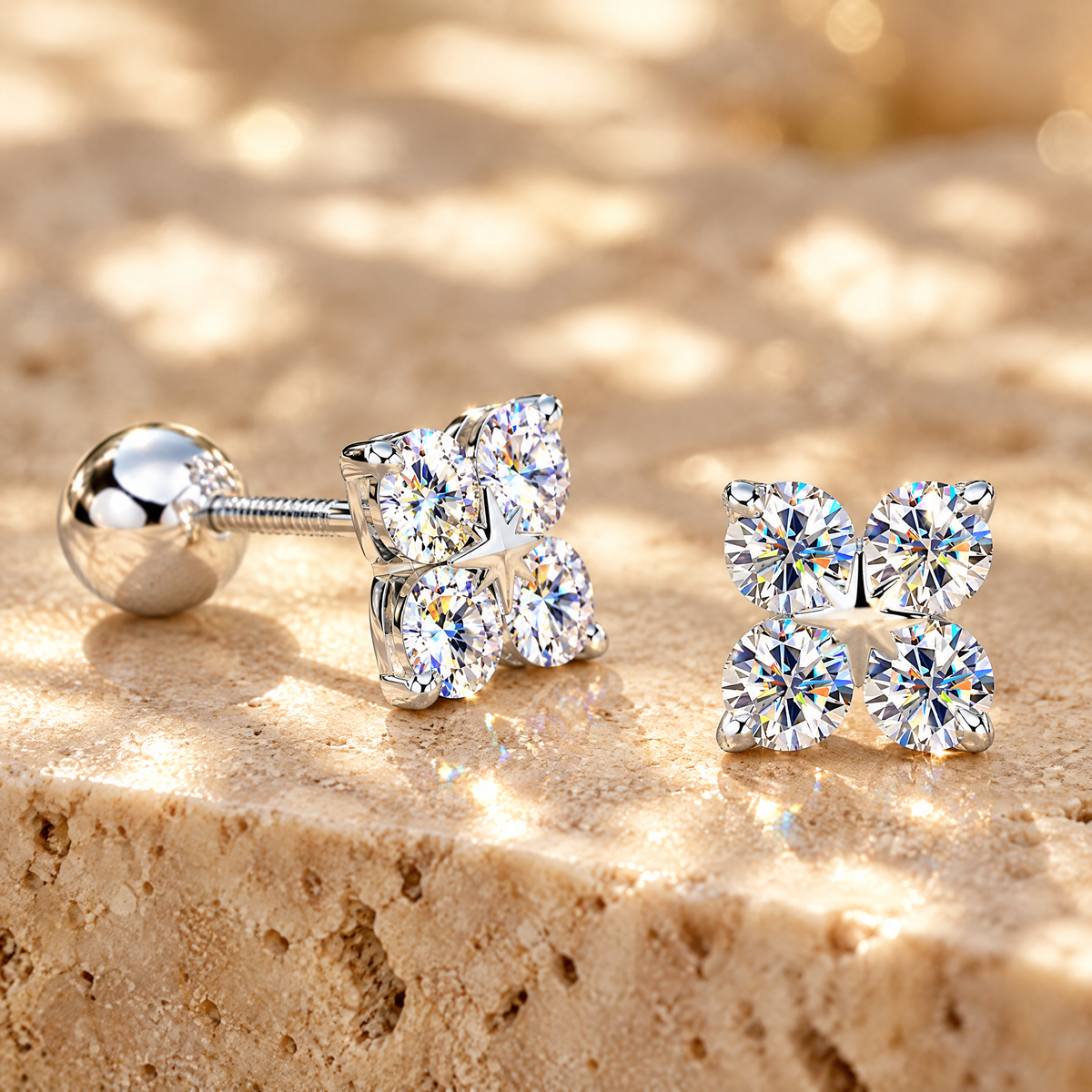 Trèfle Moissanite Four-Leaf Clover Studs, close-up detail