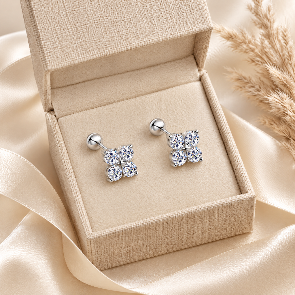 Trèfle Moissanite Four-Leaf Clover Studs, presented in a box