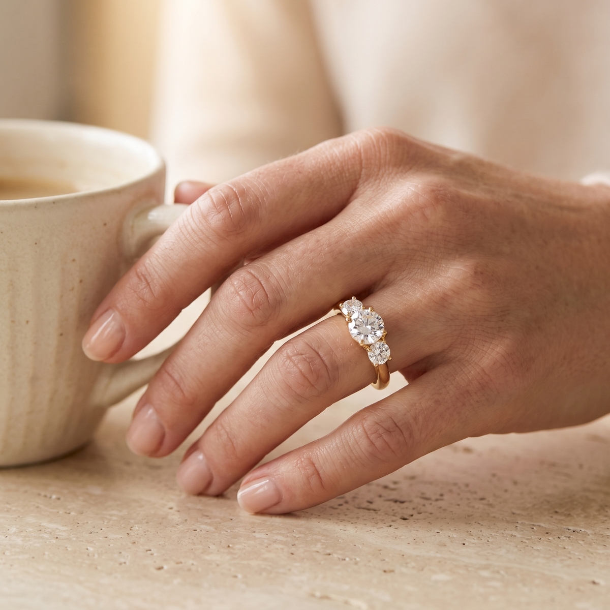 Trilogie Three-Stone Moissanite Engagement Ring, worn by a woman