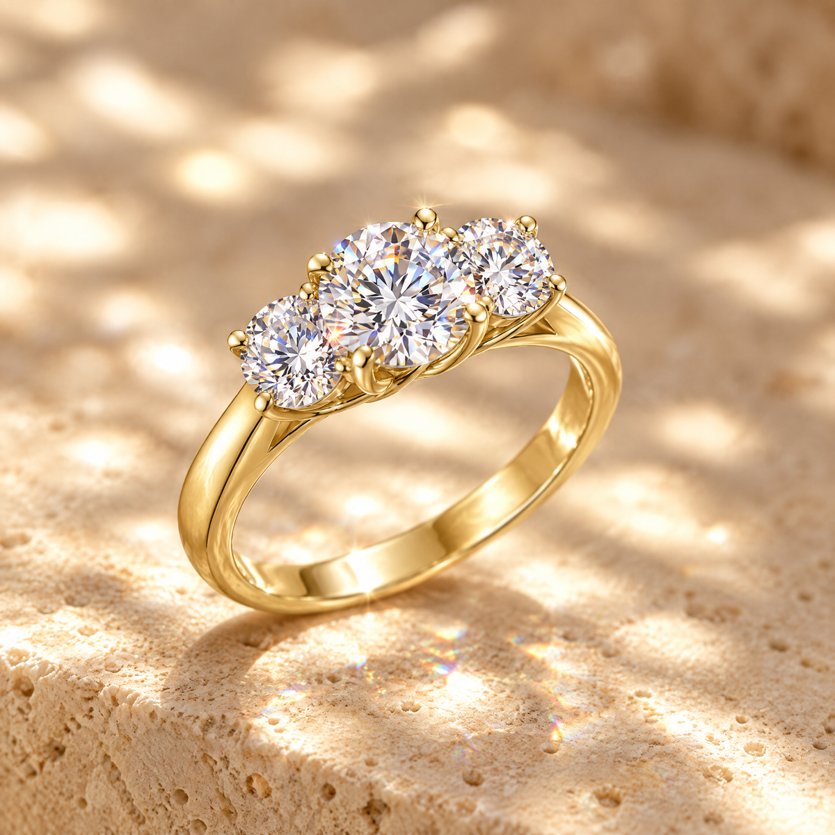 Trilogie Three-Stone Moissanite Engagement Ring, close-up detail