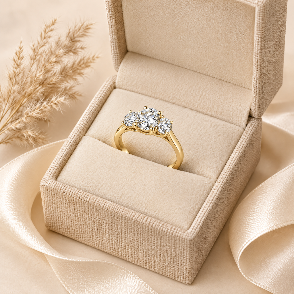 Trilogie Three-Stone Moissanite Engagement Ring, presented in a box