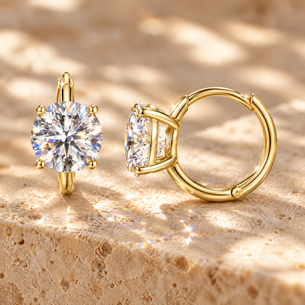 Véga Moissanite Solitaire Huggies, 14K Gold Filled, close-up detail