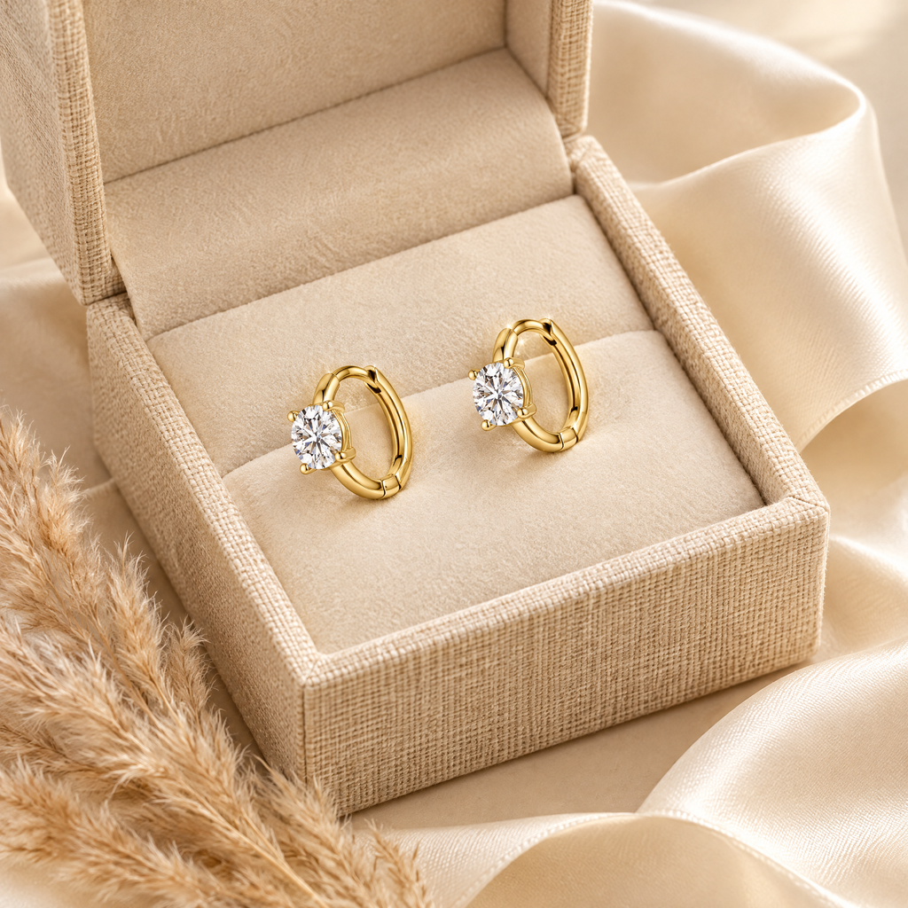Véga Moissanite Solitaire Huggies, 14K Gold Filled, presented in a box