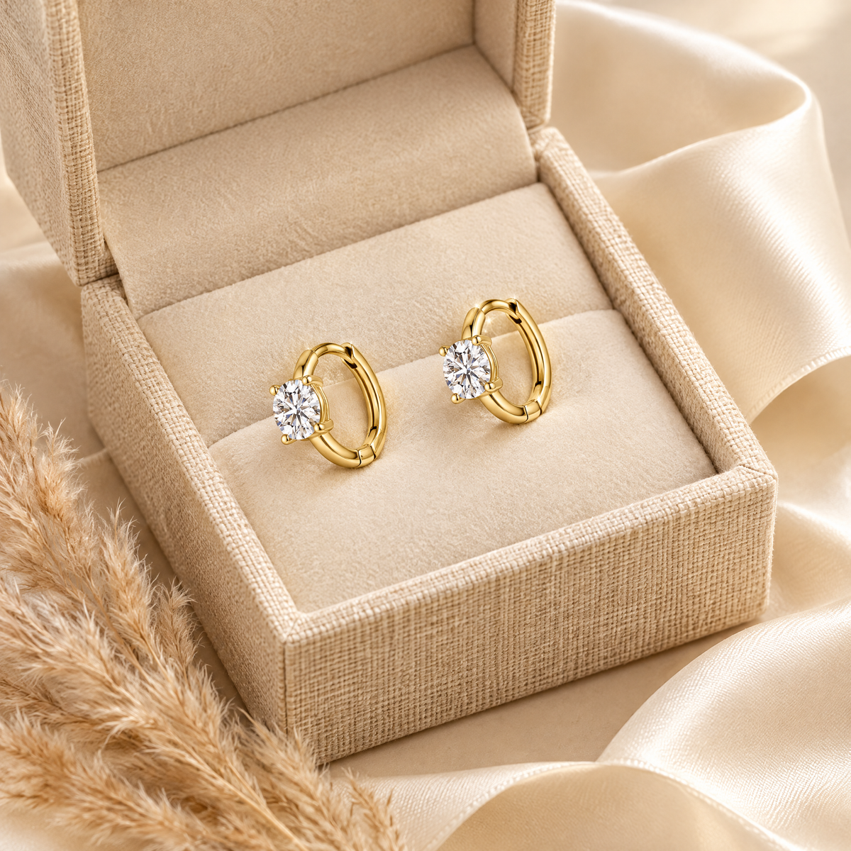 Véga Moissanite Solitaire Huggies, 14K Gold Filled, presented in a box