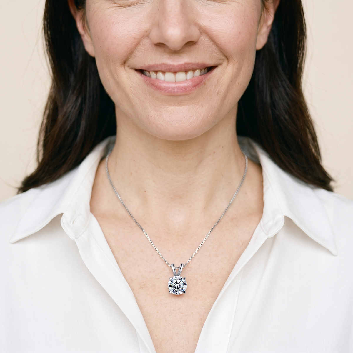 Véga Moissanite Solitaire Necklace, worn by a woman