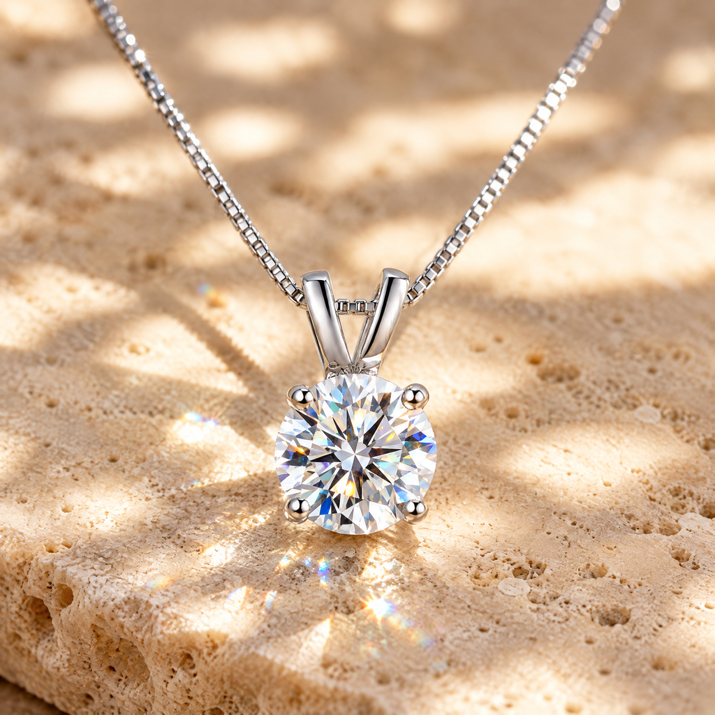 Véga Moissanite Solitaire Necklace, close-up detail
