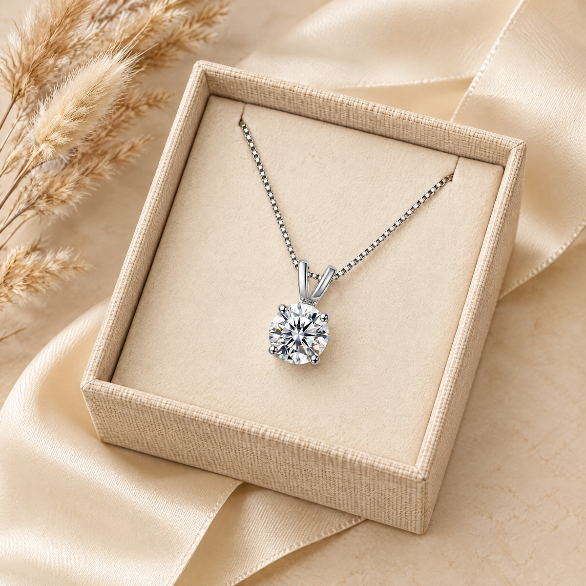 Véga Moissanite Solitaire Necklace, presented in a box
